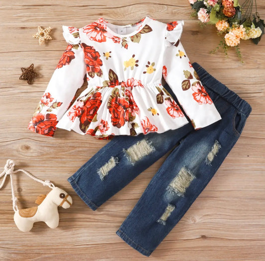 2pcs Ripped Denim Jeans and Floral Print T Set