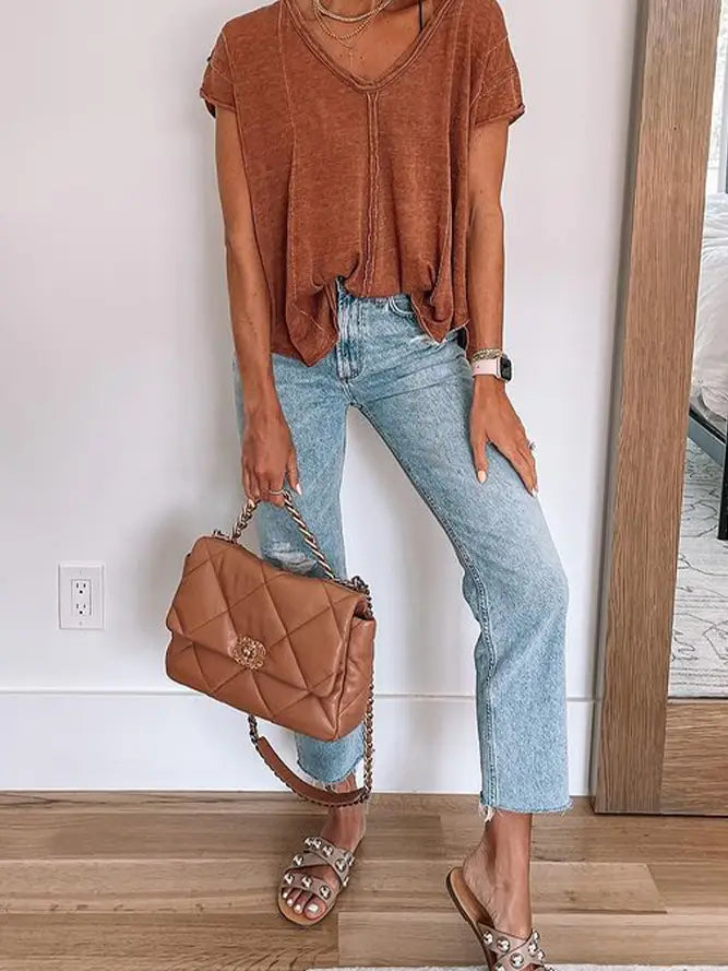 Brown Vintage V Neck Tee