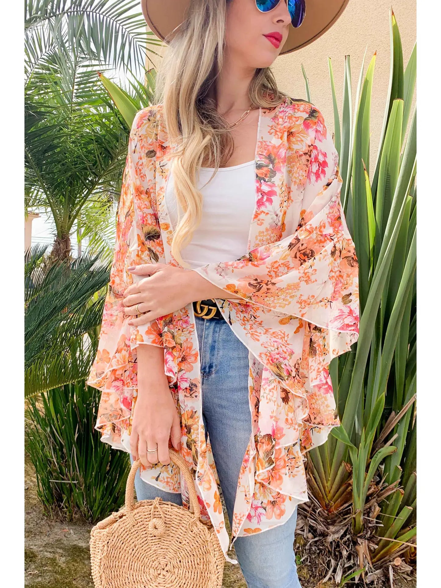 Floral Print Chiffon Kimono