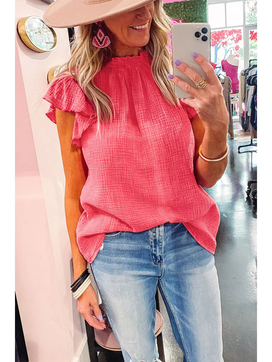 Frilled Neck Textured Blouse