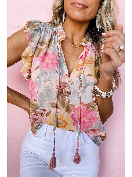 Pink Floral Short Sleeve Blouse