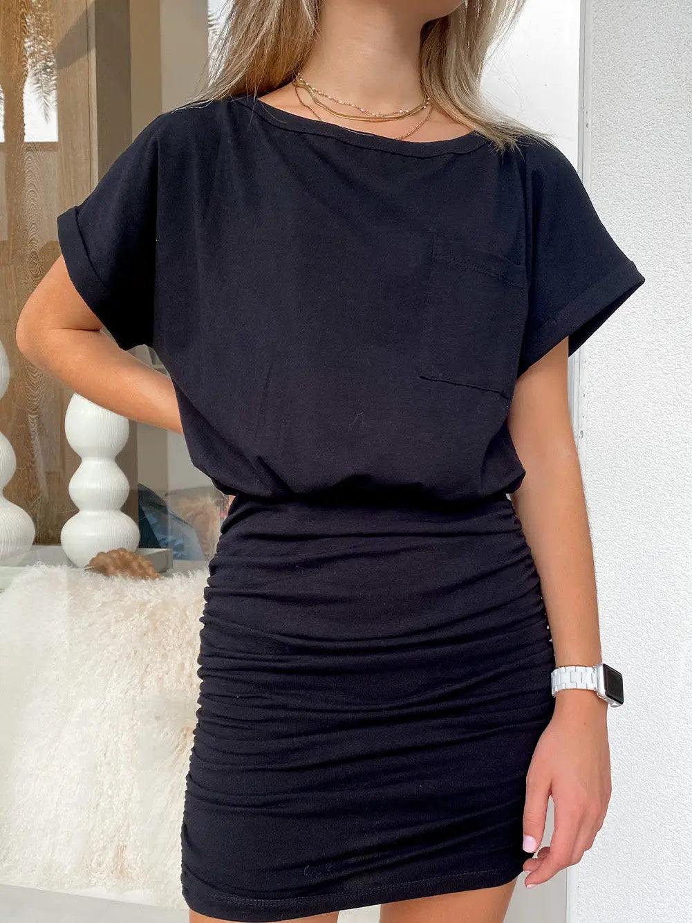 Black T-Shirt Ruched Mini Dress
