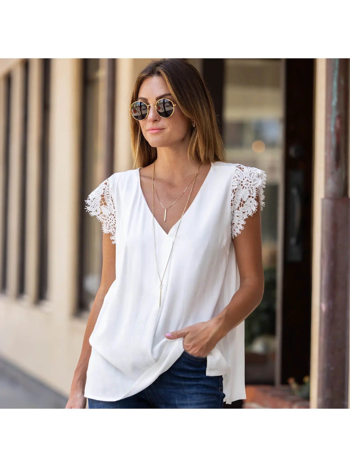 White Lace Sleeve Shirt