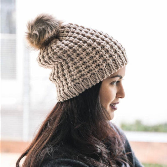 Textured Beanie with Pom Pom