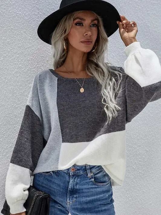 Color Blocked Round Neck Sweater