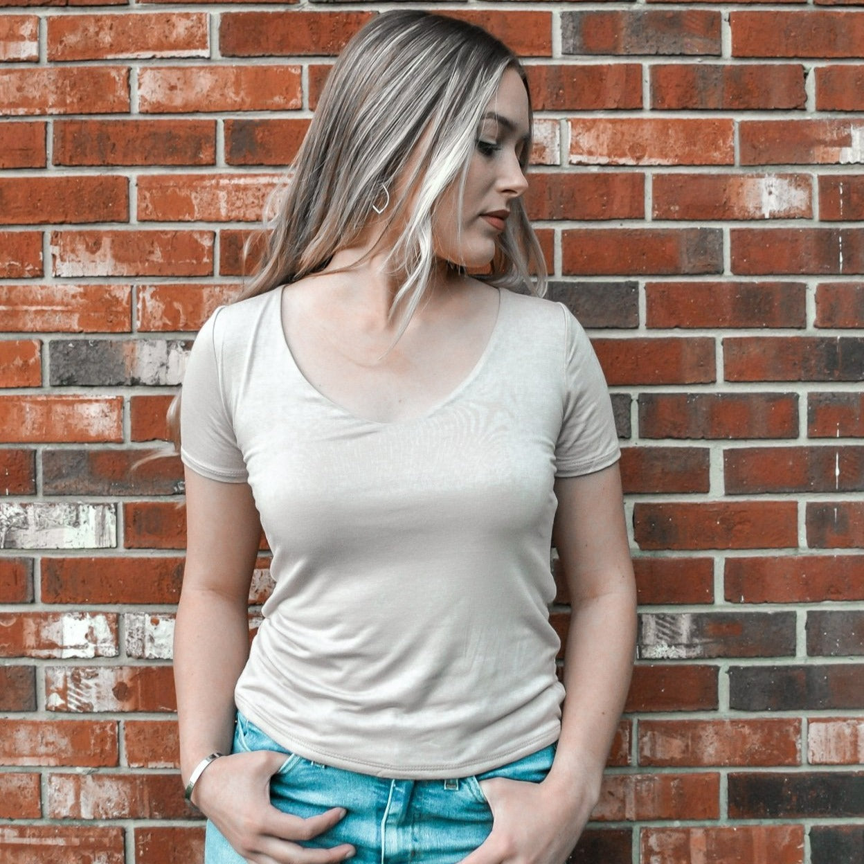 Double Layered V Neck Top - Light Taupe