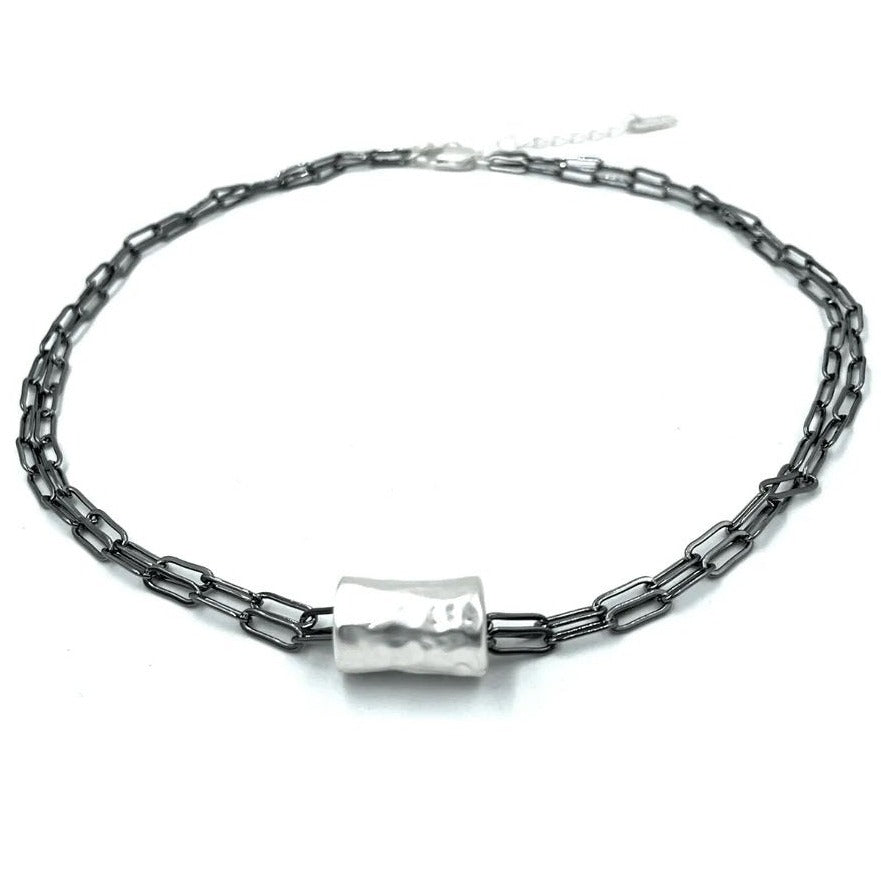 Barrel in Silver on Double Gunmetal Necklace