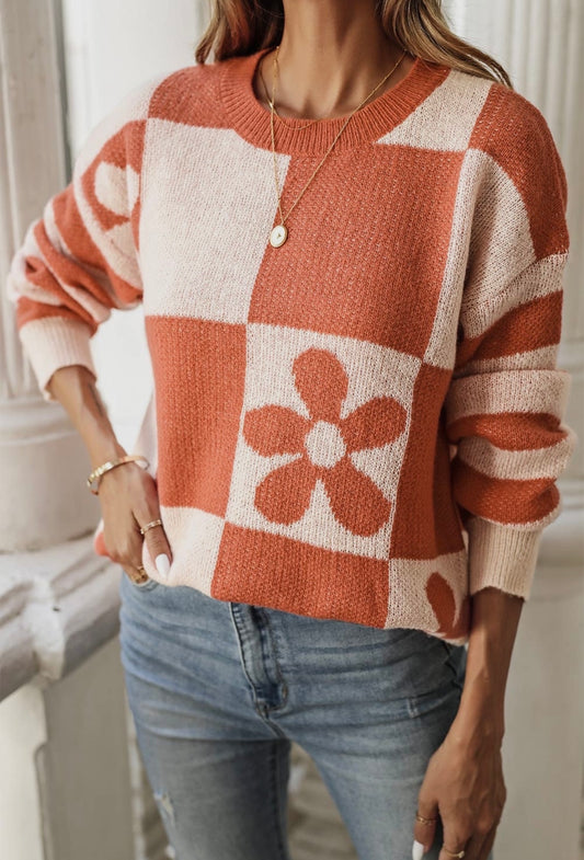 Checked Floral Print Sweater
