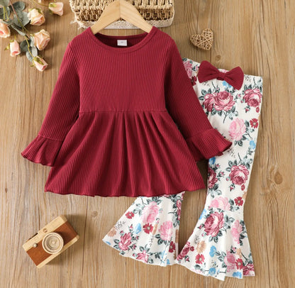 Peplum Tee and Floral Print Flared Pants Set