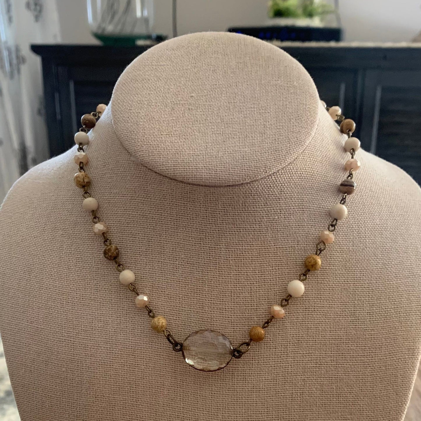 Cream and Tan with Crystal Necklace