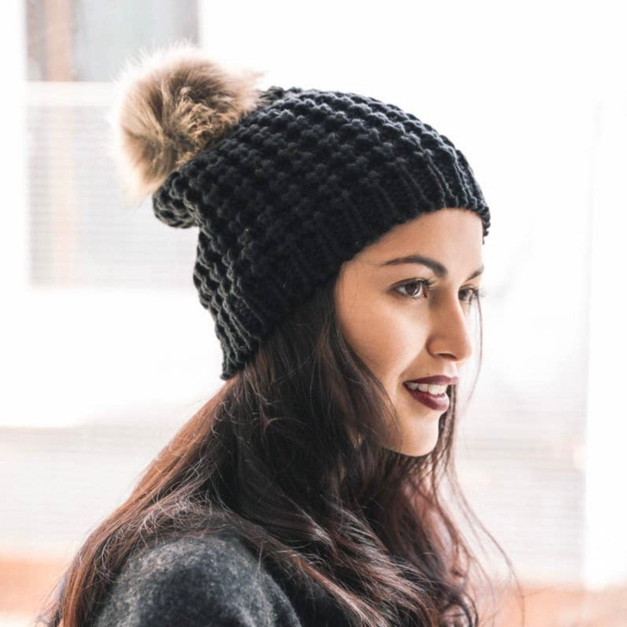 Textured Beanie with Pom Pom  ~ Black