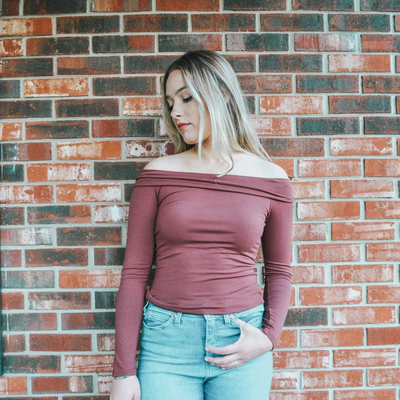 This off the shoulder top is double layered and super soft.