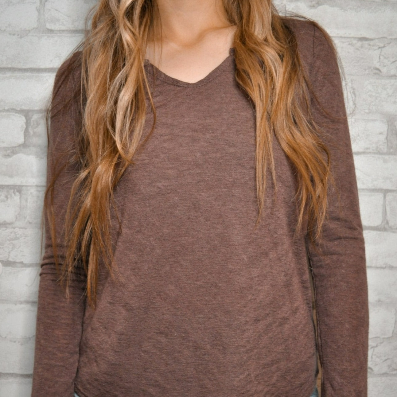 Brown V Notch Long Sleeved Top