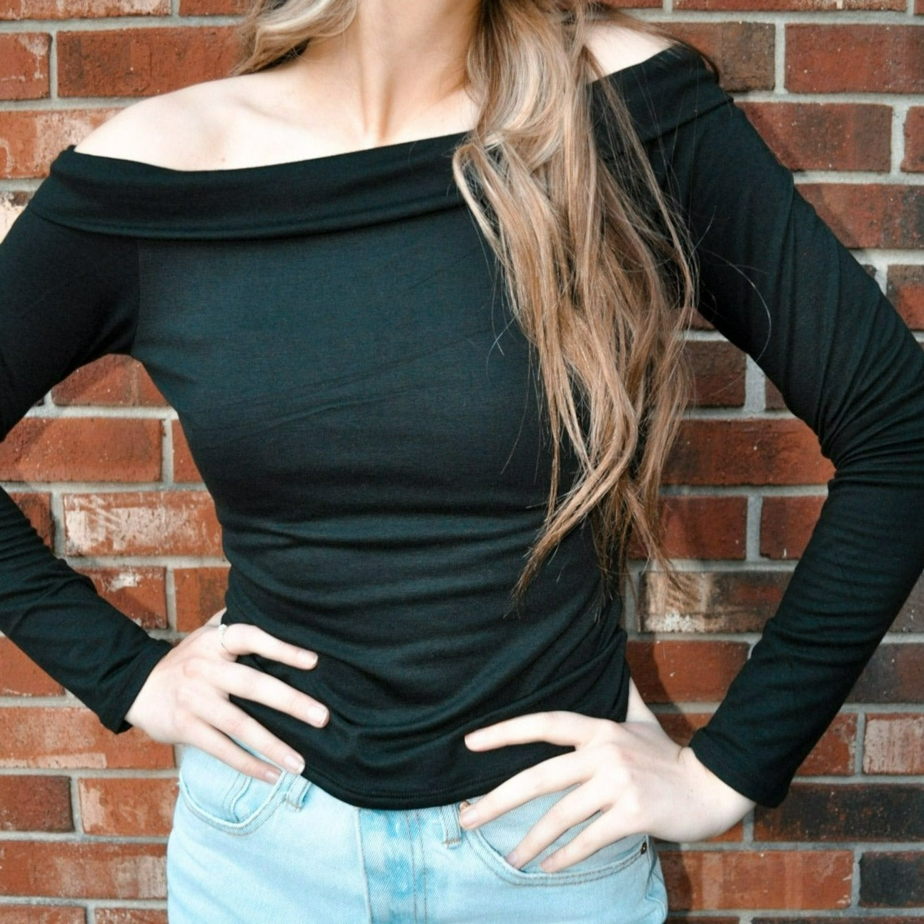 This off the shoulder top is double layered and super soft.